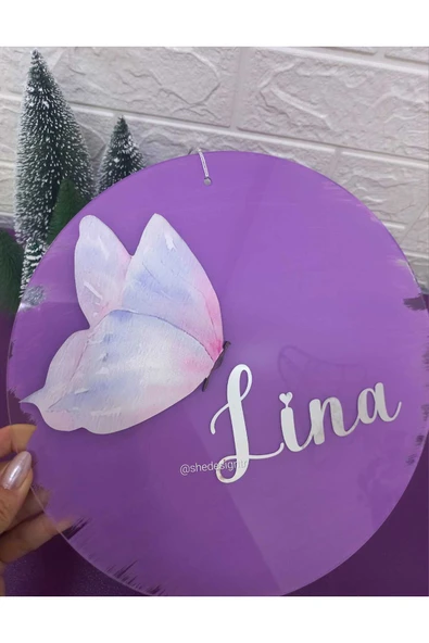 s'he design Kız Bebek İsmine Özel Hazırlanan Şeffaf Pleksi Kapı Süsü lila kelebek - Resim 3