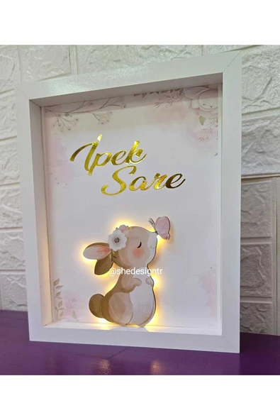 s'he design KIZ BEBEK İSMİNE ÖZEL HAZIRLANAN LEDLİ TAVŞANLI AHŞAP PANO HASTANE ODASI KAPI SÜSÜ 25X35CM