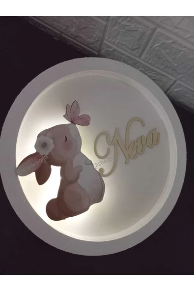 s'he design İsme Özel  Hazırlanan Tavşanlı Ledli Ahşap Pano Yuvarlak Hastane Kapı Süsü - Resim 2