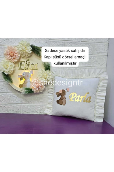 s'he design TAVŞAN NAKIŞ İŞLEMELİ FIRFIRLİ TAKI YASTIĞI - Resim 3