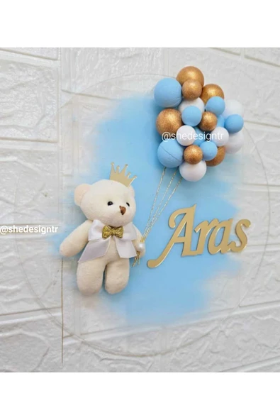 s'he design İsme Özel Şeffaf Pleksi Kapı Süsü – Erkek & Kız Bebek İçin Özel Tasarım Ayıcık ve top Figürlü Beyaz - Resim 2