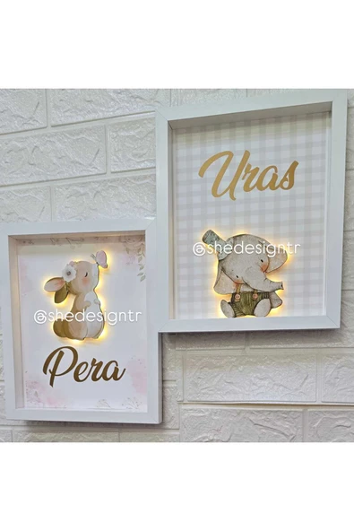 s'he design BEBEK İSMİNE ÖZEL HAZIRLANAN LEDLİ TAVŞAN OBJELİ AHŞAP PANO KAPI SÜSÜ 25X35 - Resim 4