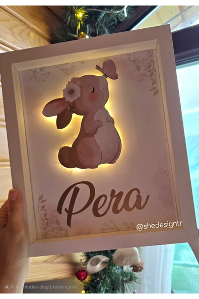 s'he design KIZ BEBEK İSMİNE ÖZEL HAZIRLANAN LEDLİ TAVŞANLI AHŞAP PANO HASTANE ODASI KAPI SÜSÜ 25X35CM - 3