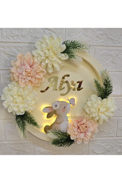 s'he design KIZ BEBEK İSMİNE ÖZE HAZIRLANAN AHŞAP TAVŞAN FİGÜRLÜ ÇİÇEKLİ HASTANE ODASI KAPI SÜSÜ - Resim 5