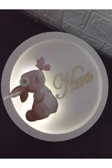 s'he design İsme Özel  Hazırlanan Tavşanlı Ledli Ahşap Pano Yuvarlak Hastane Kapı Süsü - Resim 3