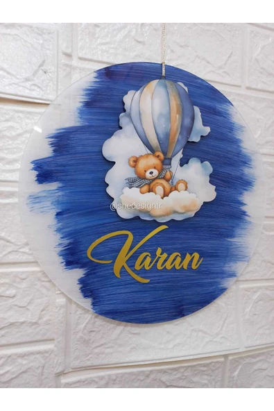 s'he design İsme Özel Şeffaf Pleksi Kapı Süsü – Erkek & Kız Bebek İçin Özel Tasarım Erkek Bebek Ayı Figür Mavi - Resim 2