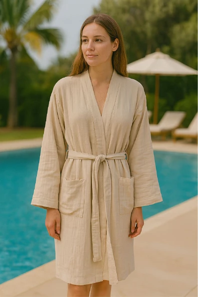 Müslin Kimono Bornoz – Unisex | %100 Pamuk Yumuşacık 2 Katlı Doğal Kumaş - ZTMBR6  Beyaz L/XL - 3