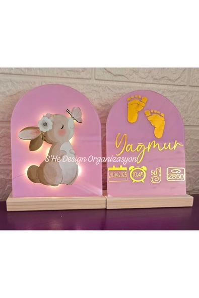s'he design Bebek İsmine Özel Hazırlanan Işıklı Doğum Panosu pembe - Resim 2