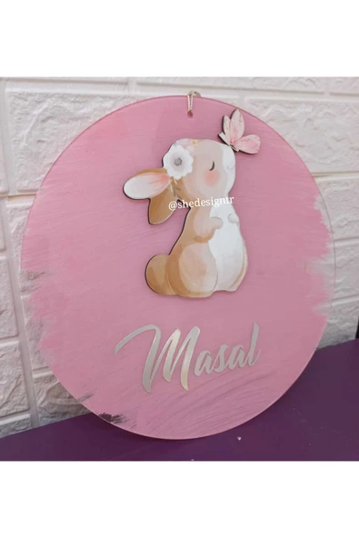 s'he design Kız Bebek İsmine Özel Hazırlanan Tavşanlı Şeffaf Pleksi Kapı Süsü - Resim 2