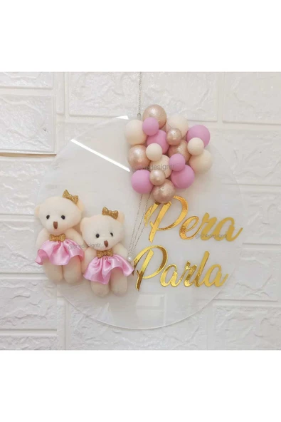 s'he design İkiz Kız Bebek Isme Özel Şeffaf Pleksi Kapı Süsü – Kız & Kız Bebek Için Özel Tasarım Bebek Ayıcıklı