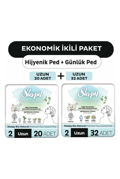 Sleepy Bio Natural Premium Plus Hijyenik Ped Uzun 20'li + Günlük Ped Uzun 32'li ürün görseli