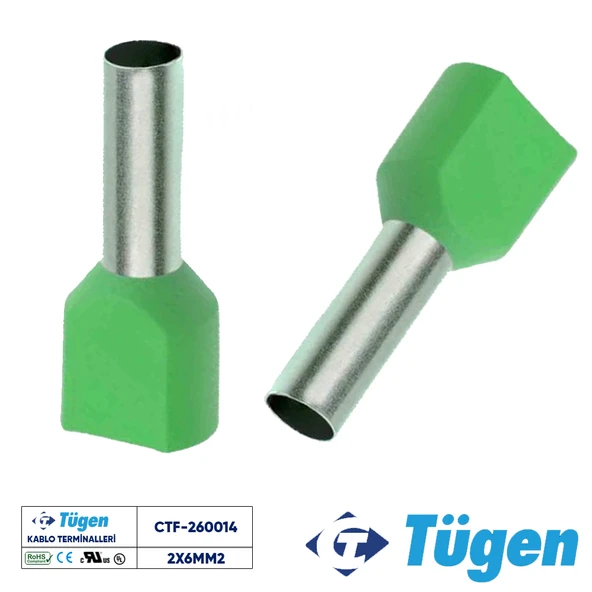 Tügen 2x6,00mm2 Çift Girişli İzoleli Yüksük Yeşil ( 1 Kutu 100 Adet ) ürün görseli 1