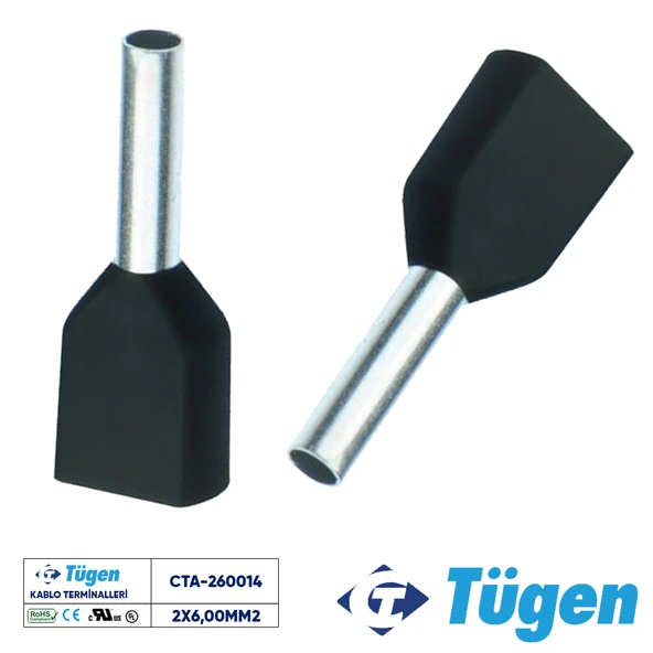 Tügen 2x6,00mm2 Çift Girişli İzoleli Yüksük Siyah ( 1 Kutu 100 Adet ) ürün görseli 1