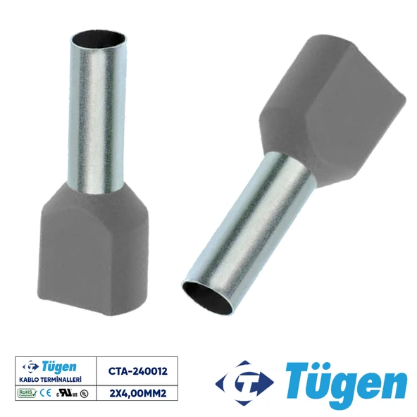 Tügen 2x4,00mm2 Çift Girişli İzoleli Yüksük Gri ( 1 Kutu 200 Adet ) ürün görseli 1
