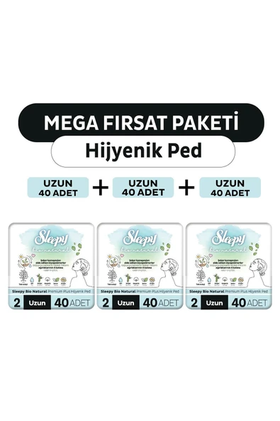Sleepy Bio Natural Premium Plus Hijyenik Ped Mega Fırsat Paketi Uzun 120 Adet ürün görseli