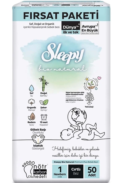 Sleepy Bebek Bezi Bio Natural Beden:1 (2-5KG) Yeni Doğan Newborn 100 Adet Ekonomik Fırsat Pk - Resim 2