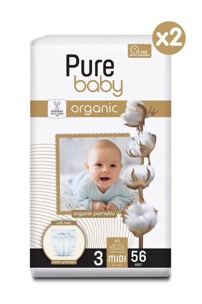 Pure Baby Organik Pamuklu Cırtlı Bez 2'li Paket 3 Numara Midi 112 Adet - Resim 2
