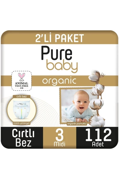 Pure Baby Organik Pamuklu Cırtlı Bez 2'li Paket 3 Numara Midi 112 Adet ürün görseli
