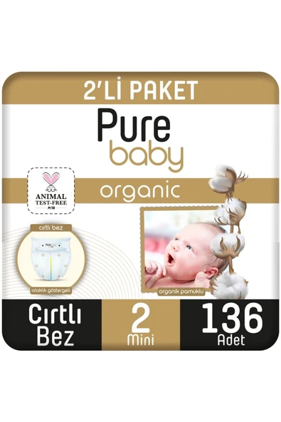 Pure Baby Organik Pamuklu Cırtlı Bez 2'li Paket 2 Numara Mini 136 Adet ürün görseli