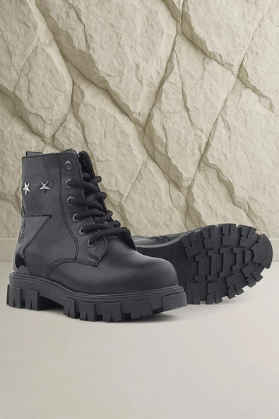 Rakerplus Siyah Bağcıklı Fermuarlı Metal Detaylı Kız Çocuk Bot ürün görseli