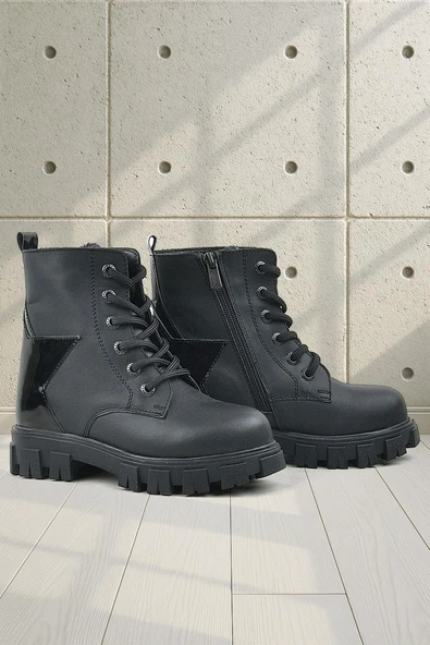 Rakerplus Hakiki Deri Siyah Yıldız Detaylı Kız Çocuk Bot ürün görseli