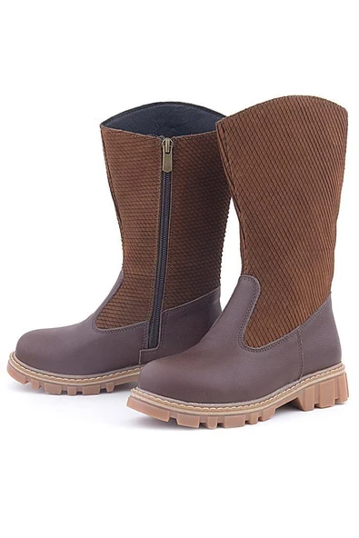 Rakerplus Hakiki Deri Taba Kahve Fermuarlı Uzun Kız Çocuk Çizme - Resim 6