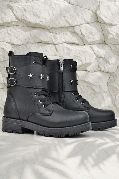 Rakerplus Siyah Bağcıklı Fermuarlı Yıldız Detaylı Kız Çocuk Bot - Resim 8