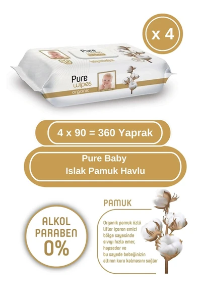 Pure Baby Wet Wipes Organic Cotton Bebek Islak Mendili 90'lı 4 Paket (90x4) 360 Yaprak ürün görseli