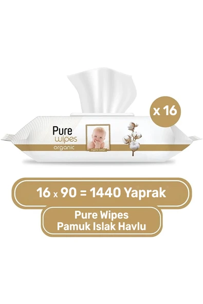 Pure Baby Organik Pamuklu Islak Havlu 16 paket 90 adet 1440 Yaprak ürün görseli