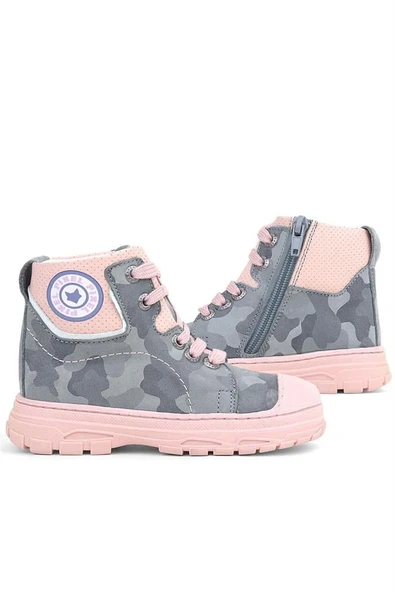 Hakiki Deri Pixel Gri Pudra Kamuflaj Desenli Kız Çocuk Bot - Resim 8