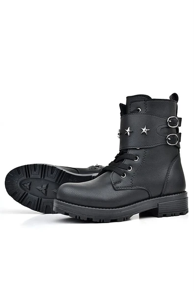 Rakerplus Siyah Bağcıklı Fermuarlı Yıldız Detaylı Kız Çocuk Bot - Resim 5