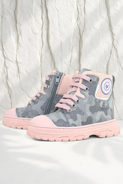 Hakiki Deri Pixel Gri Pudra Kamuflaj Desenli Kız Çocuk Bot - Resim 9
