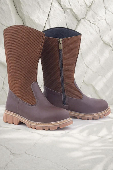 Rakerplus Hakiki Deri Taba Kahve Fermuarlı Uzun Kız Çocuk Çizme ürün görseli