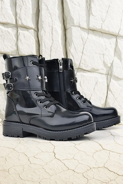 Rakerplus Siyah Rugan Bağcıklı Fermuarlı Yıldız Detaylı Kız Çocuk Bot ürün görseli