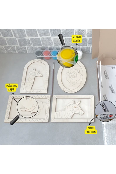 KİDEWO Hayvanlar Ahşap Boyama Etkinlik Seti Eğitici Çocuk Aktivite + Fırça + Akrilik Boya Kreş Okul Öncesi - 3