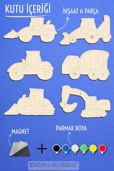 KİDEWO İnşaat Ahşap Boyama Etkinlik Seti + Eğitici Çocuk Aktivite Parmak Boya Kreş Okul Öncesi - 4
