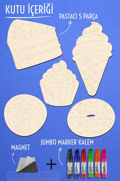 KİDEWO Pastacı Ahşap Boyama Etkinlik Seti + Eğitici Çocuk Aktivite Keçeli Kalem Kreş Okul Öncesi - 4