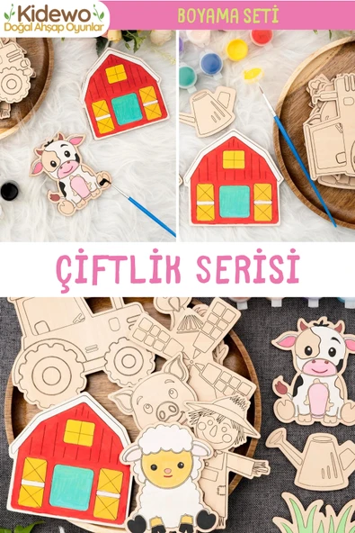 KİDEWO Çiftlik Ahşap Boyama Etkinlik Seti + Eğitici Çocuk Aktivite + Fırça + Akrilik Boya Kreş Okul Öncesi