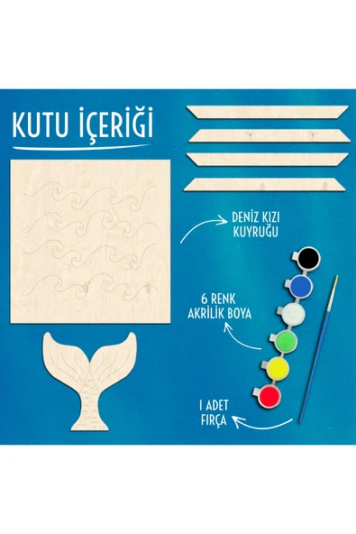 KİDEWO Deniz Kızı Ahşap Boyama Etkinlik Seti Eğitici Çocuk Aktivite + Fırça + Akrilik Boya Kreş Okul Öncesi - 3