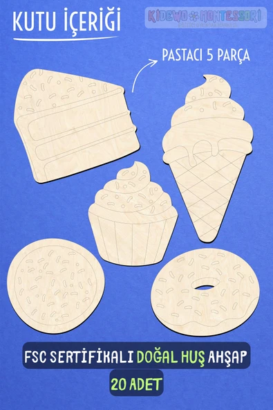 KİDEWO Pastacı Ahşap Boyama Etkinlik Seti 20’li Eğitici Çocuk Aktivite Kreş Anaokulu Okul Öncesi - 2