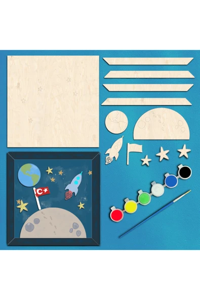 KİDEWO Ay Uzay Ahşap Boyama Etkinlik Seti + Eğitici Çocuk Aktivite + Fırça + Akrilik Boya Kreş Okul Öncesi
