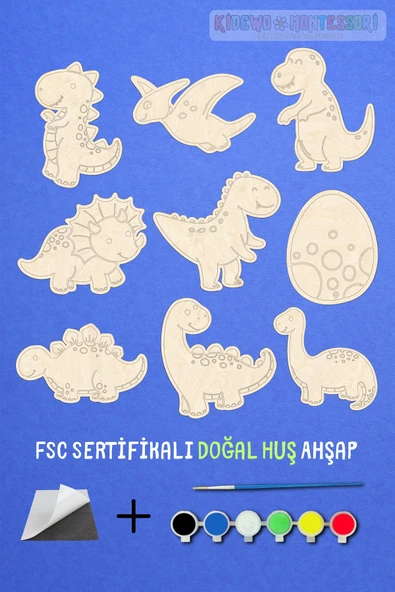 KİDEWO Dinazorlar Ahşap Boyama Etkinlik Seti + Eğitici Çocuk Aktivite + Fırça Akrilik Boya Kreş Okul Öncesi - 2