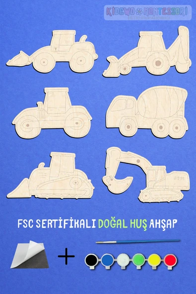 KİDEWO İnşaat Ahşap Boyama Etkinlik Seti + Eğitici Çocuk Aktivite + Fırça + Akrilik Boya Kreş Okul Öncesi - 2