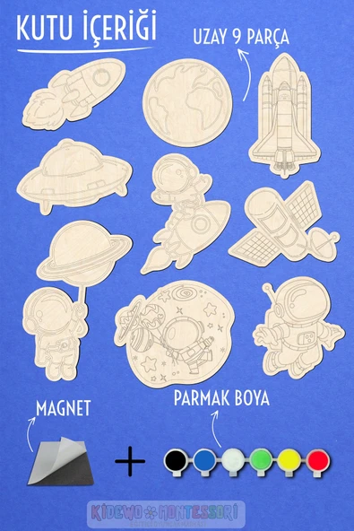KİDEWO Uzay Roket Ahşap Boyama Etkinlik Seti Eğitici Çocuk Aktivite Parmak Boya Kreş Okul Öncesi - 3