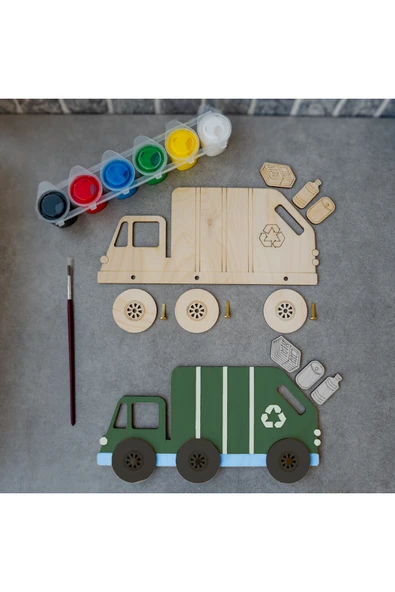 KİDEWO Çöp Kamyonu Ahşap Boyama Etkinlik Seti Eğitici Çocuk Aktivite Keçeli Kalem Kreş Okul Öncesi