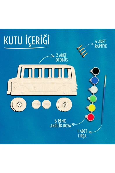 KİDEWO Otobüs Ahşap Boyama Etkinlik Seti + Eğitici Çocuk Aktivite + Keçeli Kalem Kreş Okul Öncesi - 3