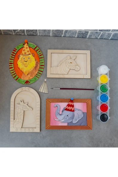 KİDEWO Hayvanlar Ahşap Boyama Etkinlik Seti Eğitici Çocuk Aktivite + Fırça + Akrilik Boya Kreş Okul Öncesi