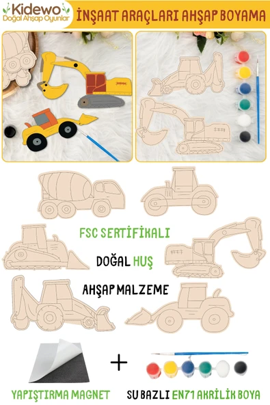 KİDEWO Çocuklar İçin Ahşap Boyama Seti | 6’lı İnşaat Makinaları | Huş Ağacı | Akrilik Boya, Fırça ve Magnet