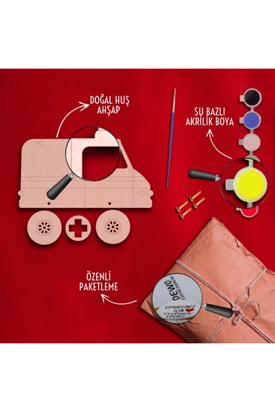 KİDEWO Ambulans Ahşap Boyama Etkinlik Seti 20’li Eğitici Çocuk Aktivite Kreş Anaokulu Okul Öncesi - 3