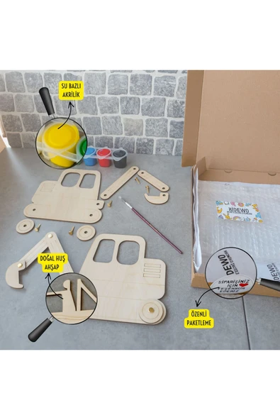 KİDEWO Ahşap Ekskavatör Boyama ve Oyun Seti – Kendin Yap Akrilik Boya ile Çocuk Etkinlik Kiti - 6